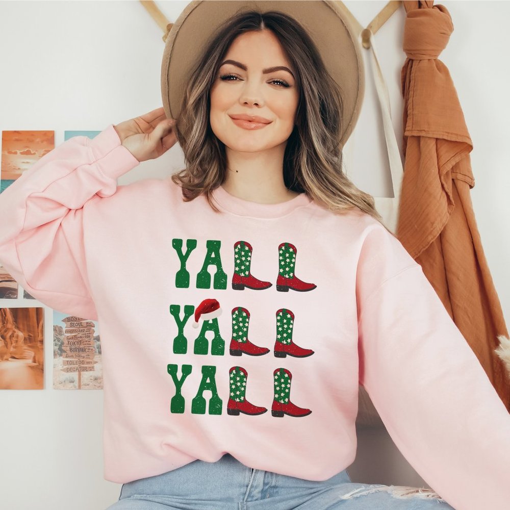 Christmas hat Yall Red and Green Cowboy Cowgirl Western Boots pink sweater - Picture 1 of 5